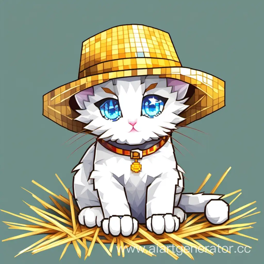 Пиксельный белый котик в жёлтой соломенной шляпе