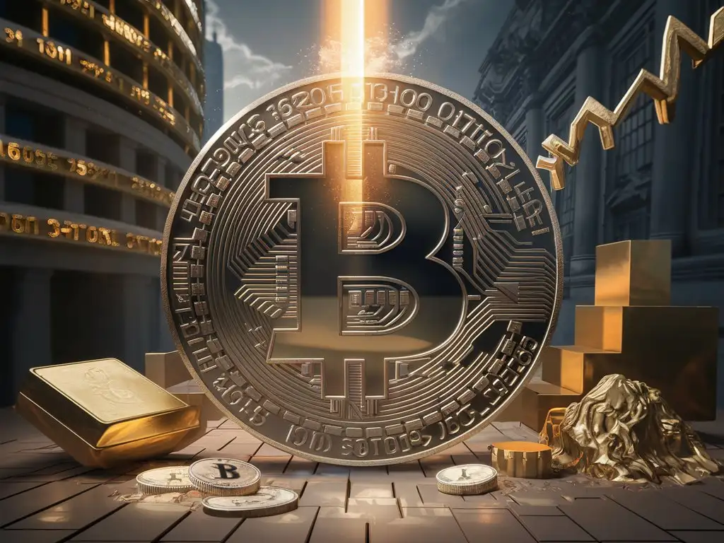 "Create an image capturing the midpoint of a significant journey, showcasing the unique aspects of this Bitcoin halving. Highlight the increased presence of institutional investors through recognizable symbols of institutional finance merging with Bitcoin. Emphasize the rarity and value of each Satoshi by incorporating Bitcoin ordinals, evoking a sense of scarcity and exclusivity. The scene should convey a pivotal moment where traditional finance intersects with the innovative world of cryptocurrency, marking this halving as a landmark event in Bitcoin's evolution."
