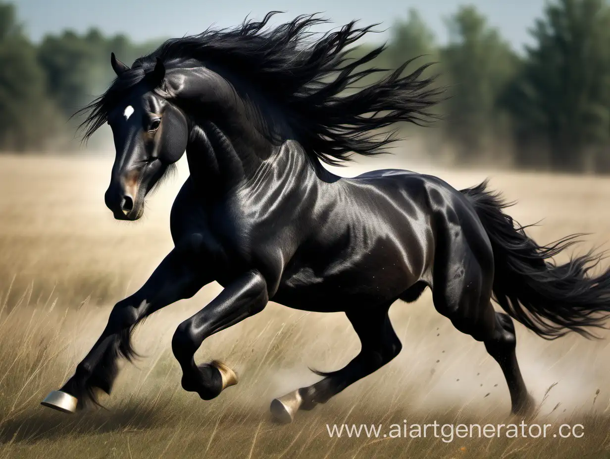 Бегущий черный конь мчится сквозь поля и луга, его грива развевается на ветру, его взгляд страшный как у орла, а копыта бьют о землю ритмичным стуком. Следуй за ним и почувствуй свободу и скорость, которые только он может дать.