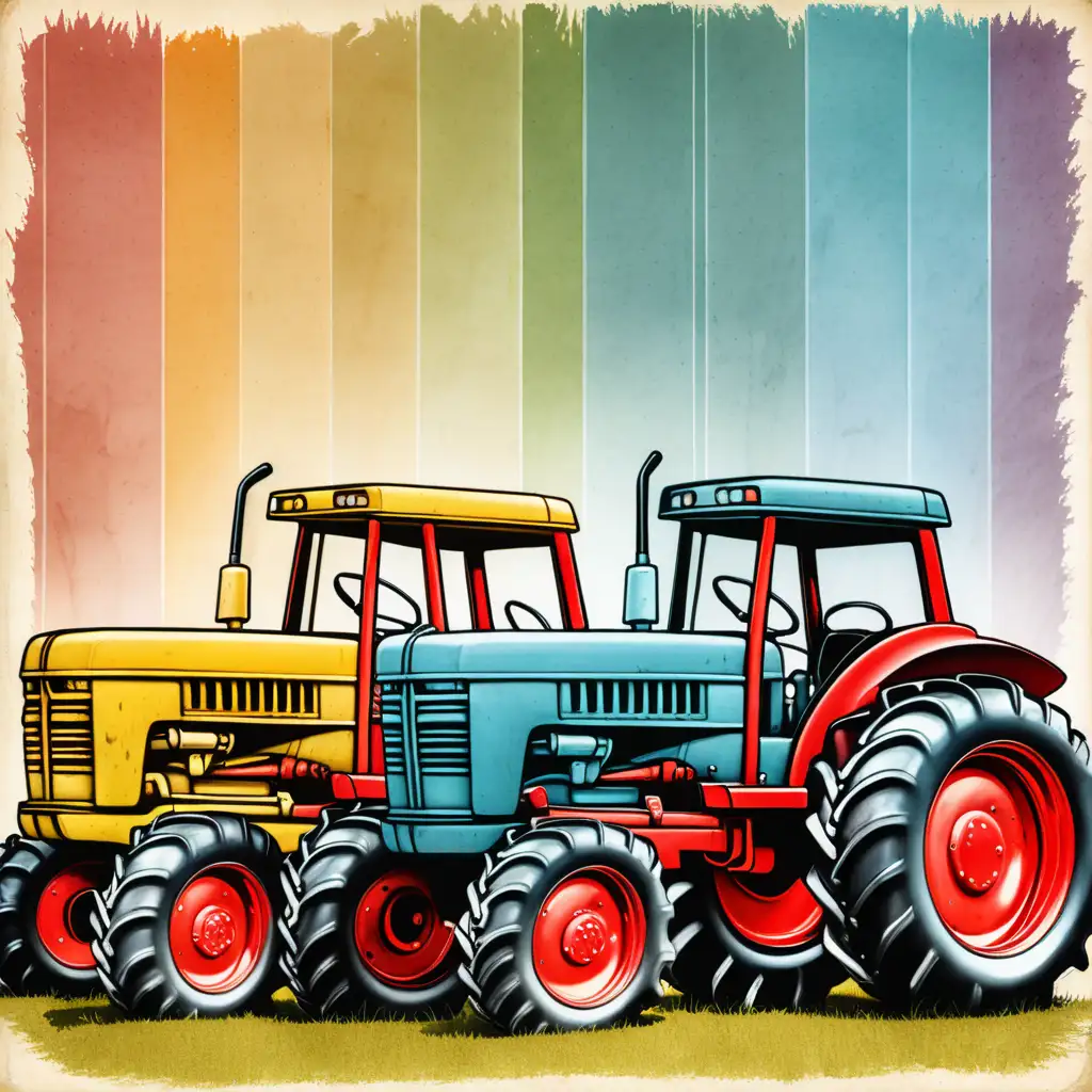 Colorful Cartoon Farm Tractors Lined Up on Distressed Background