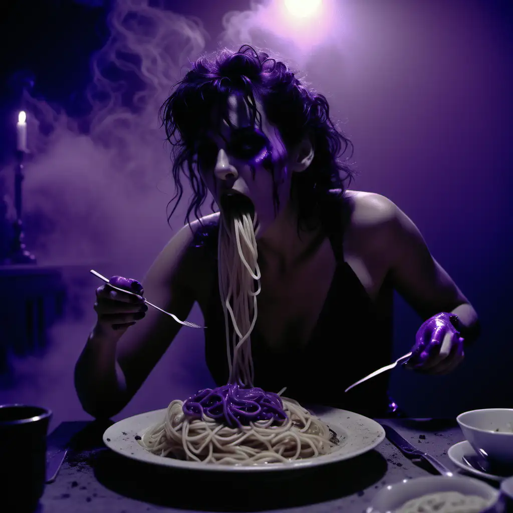 80s model eating spaghetti falling on a plate, anthropomorphic, in a dimly lit scene with fog, monochrome purple noir film, 80s crime scene, dark theme --s 200 --style raw --ar 16:9 --v 6.0