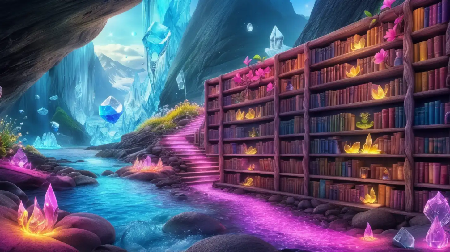 Enchanted Library Pathway of Potions to Fairytale Flowers Amidst Luminous Lava Glacial Icebergs