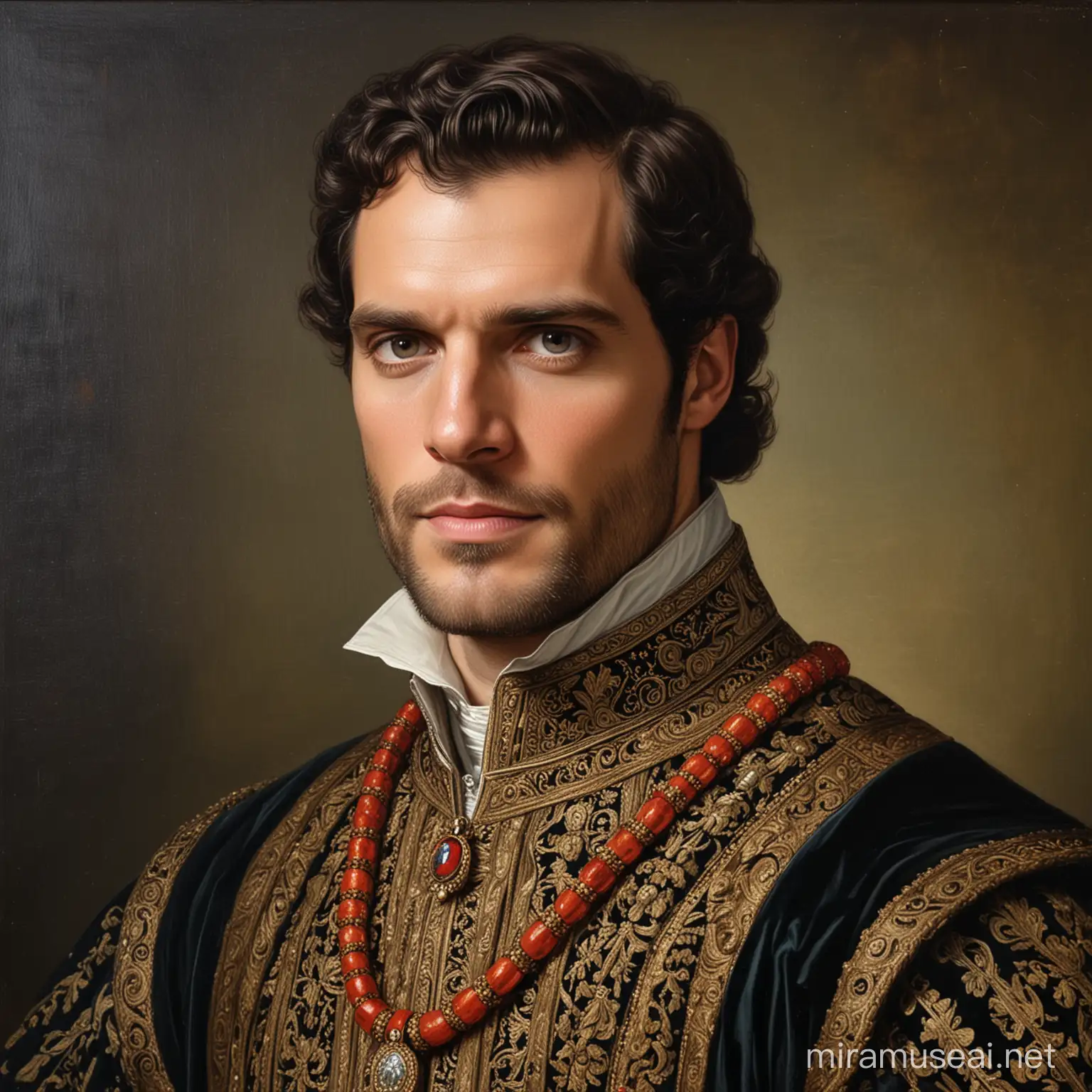 16th century oil painting, portrait of  actor Henry Cavill dressed as a nobleman