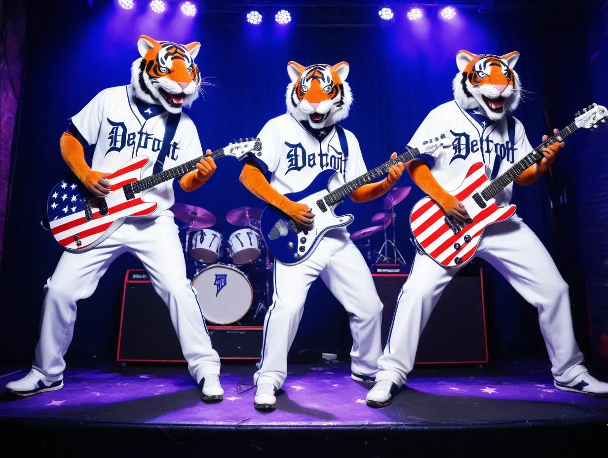 3 tigers playing stars and stripes guitars wearing 
Detriot Tiger baseball uniforms on a night club stage