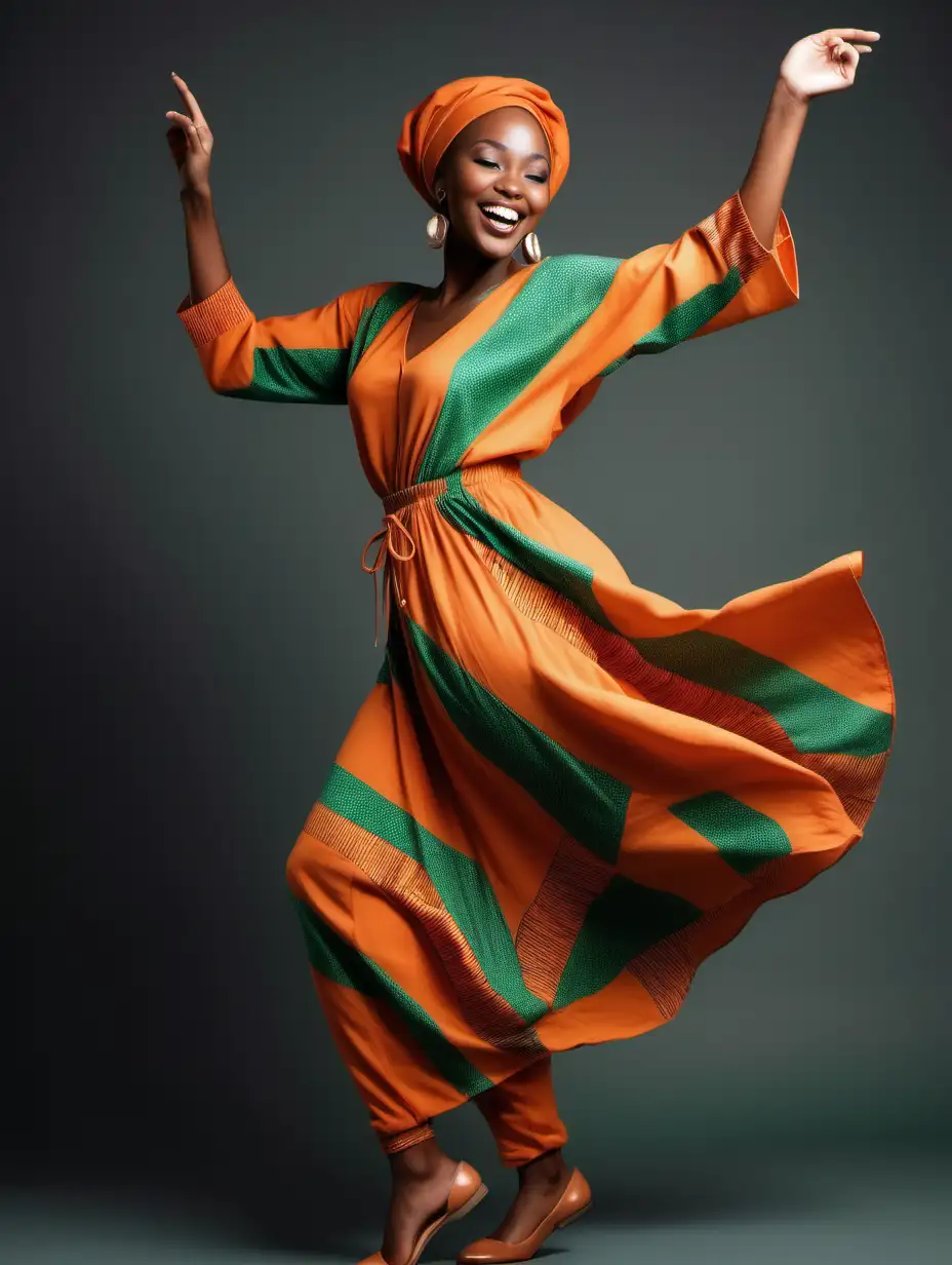 Dancing smiling beautiful African woman in dancing in modest loose green and orange outfit, flat shoes,