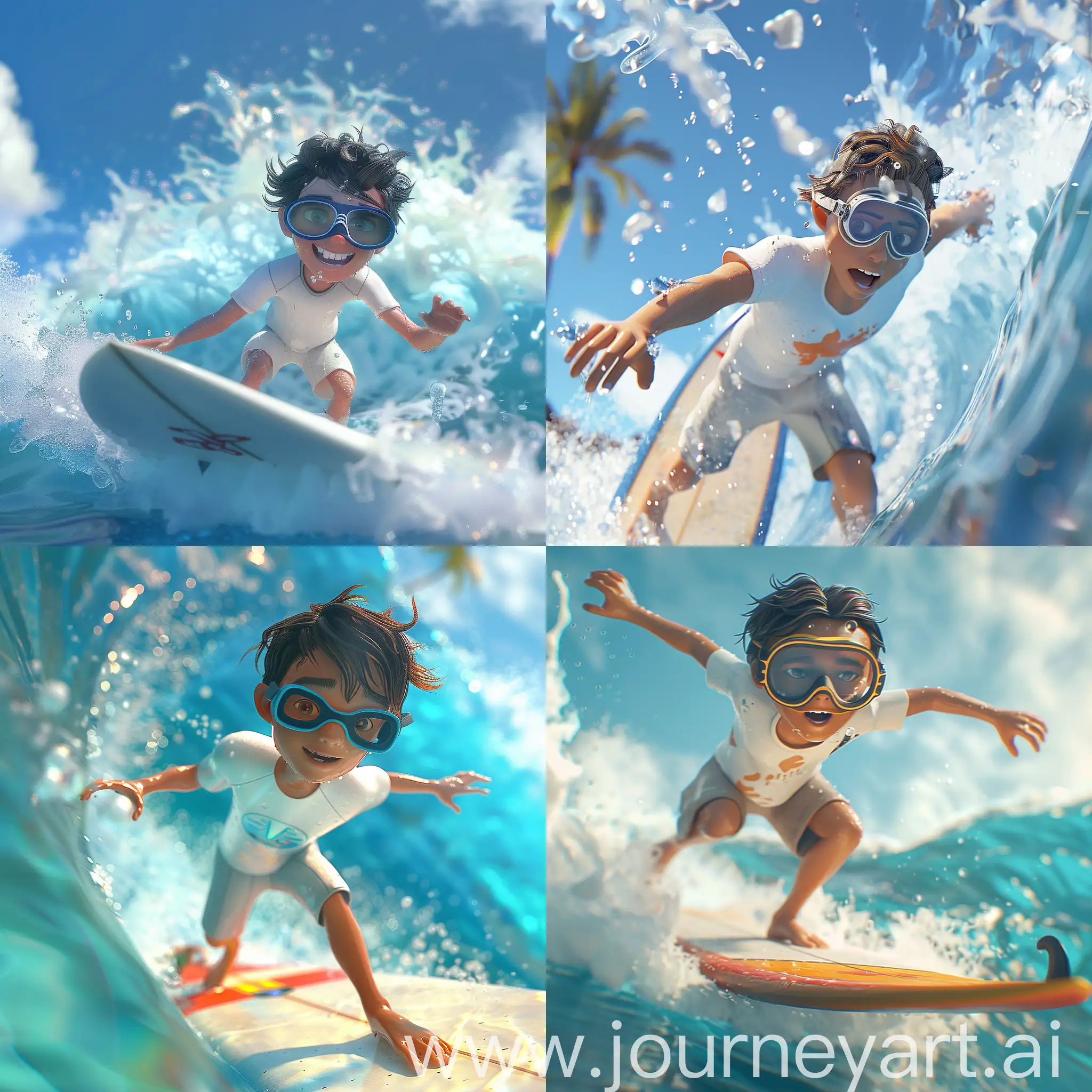 1boy surfing, the surfing board,big swimming goggles, whites short sleeves shirt,3d,blender,cinema 4d,pop mart,Pixar,high detail,hyper quality,high resolution,4K, --v 6 --ar 1:1 --no 20796