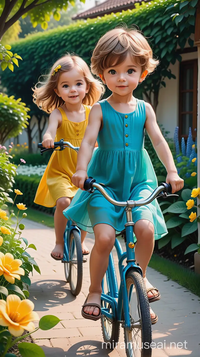 Cute little boy and riding bicycle in the garden with full of greenary and few flowers,  boy is wearing blue dress and girl is wearing yellow dress with free hair