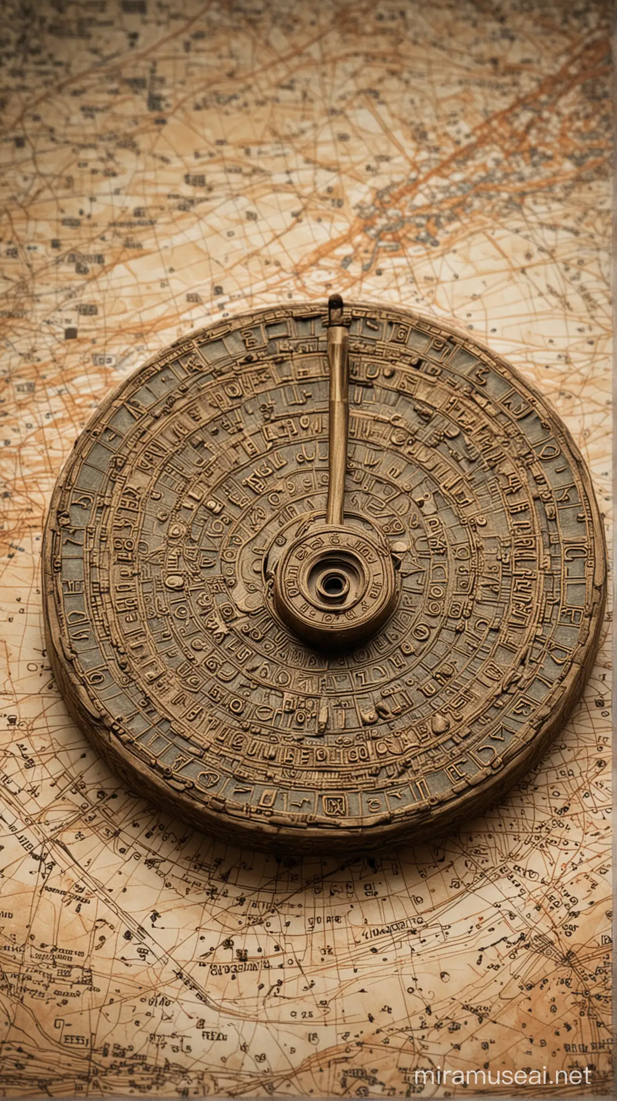a small ancient metallic bronze decoder-dial disk artifact with four rotating concentric rings, dusty, on a desk covered with oceanic maps and cartographic charts