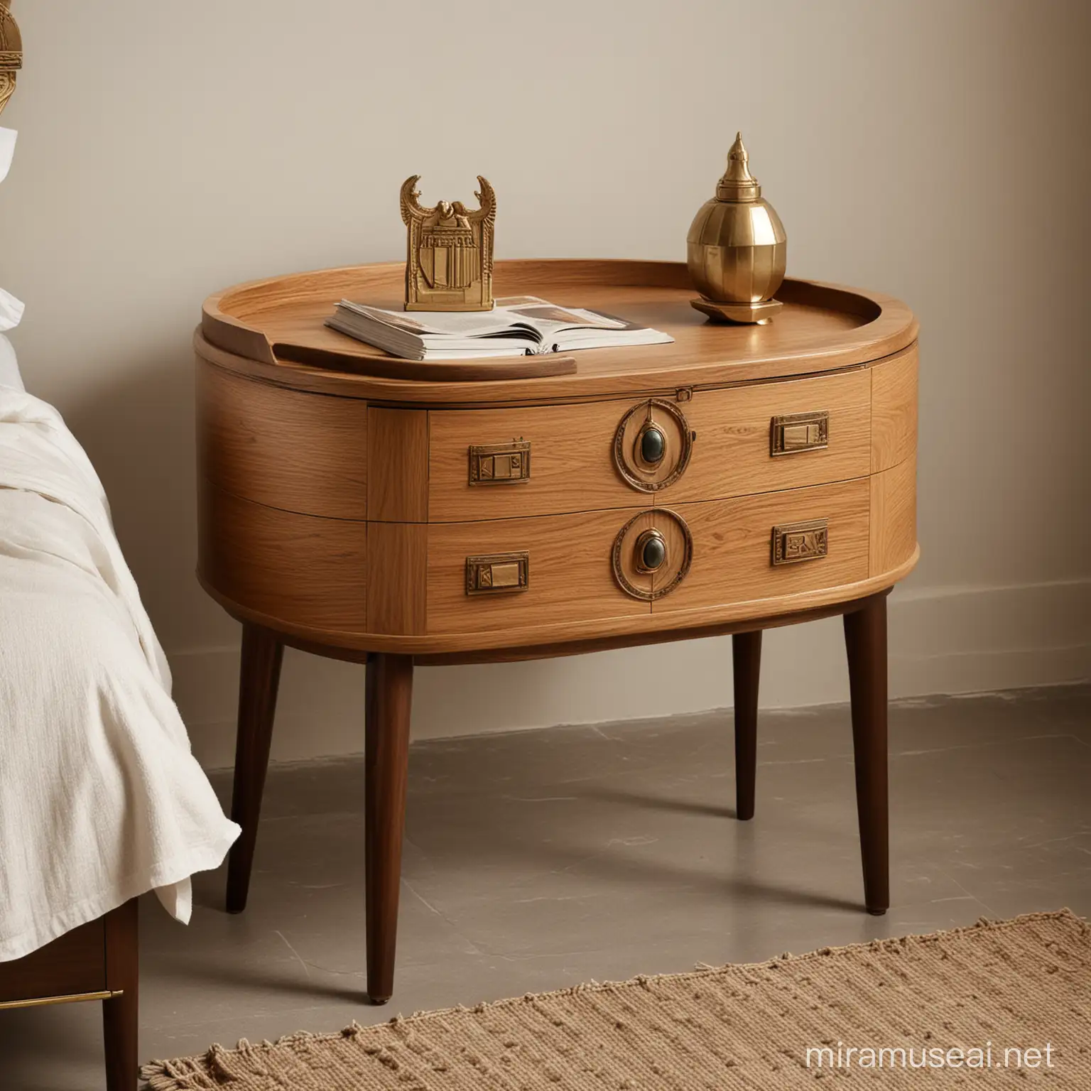 The bedside table, inspired by the ancient Egyptian, has the shape of a scarab and has two stairs