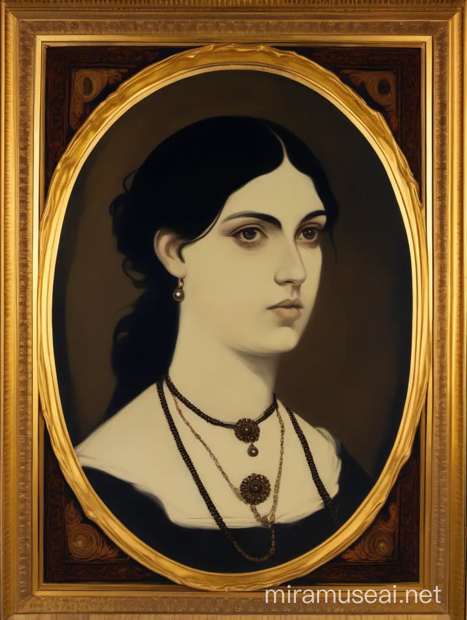Design the face of a young Corfiot woman in her mid-20s (ca 1870s). She has dark hair and pale skin. She has large chicks and round face. Her clothes are black. She is looking towards her right. The background is dark. The frame of the painting is round. The original designer is Charalampos Pachis. The used technique is oil on canvas.