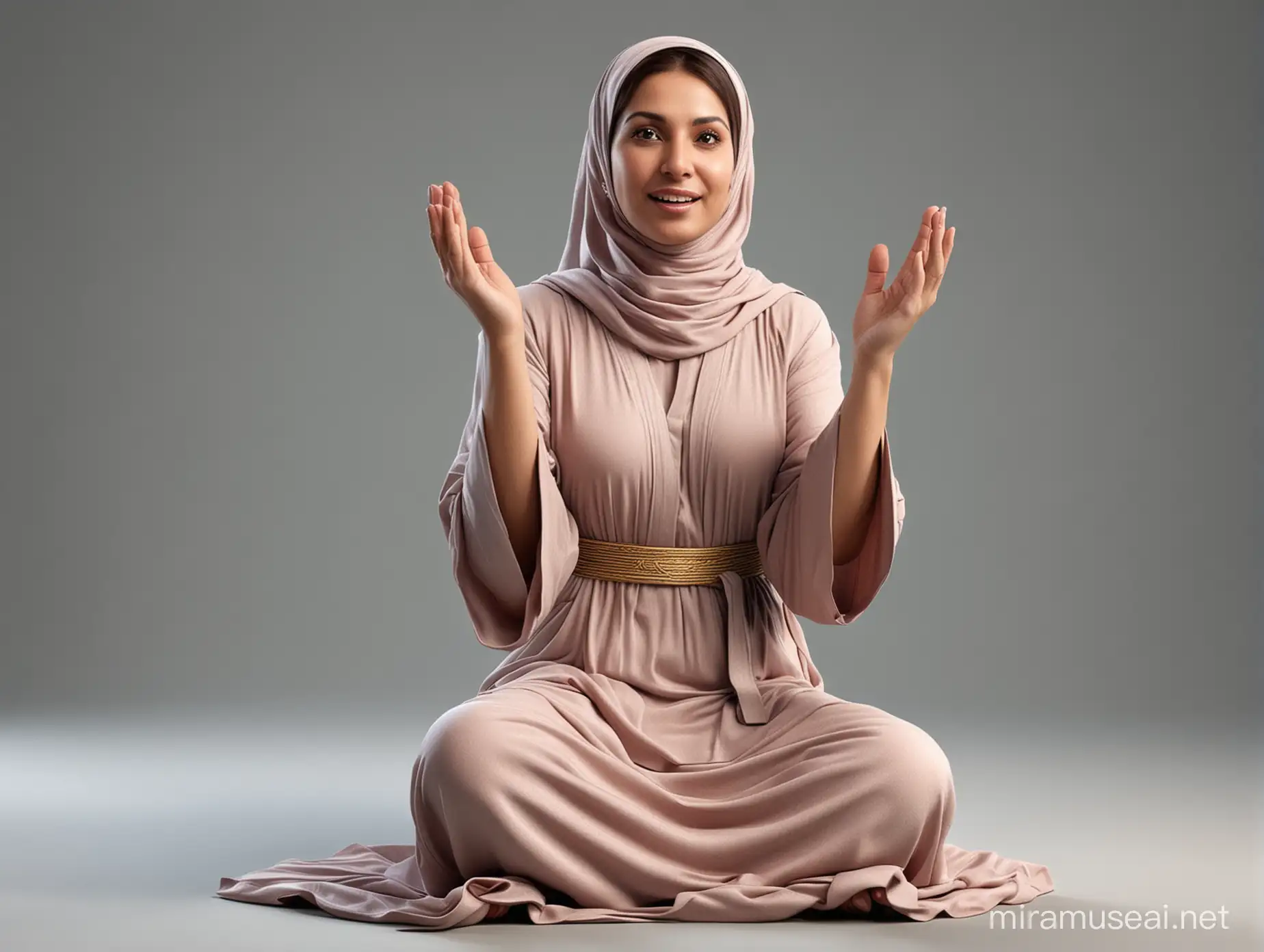 image of a Muslim mother wearing a robe sitting with both hands raised after praying. 3D image, clear and high resolution
