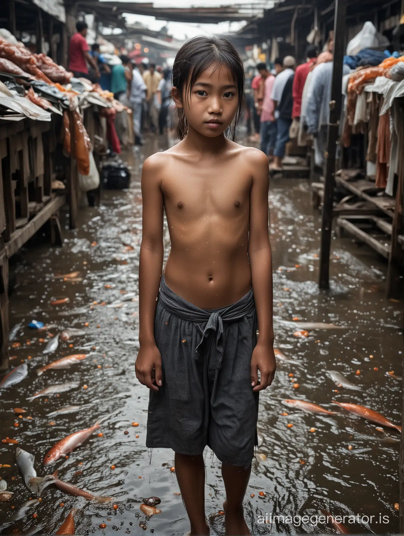 The image of the 15-year-old malay girl walking in the bustling Asian fish market is a striking and poignant one. Despite the chaos and commotion surrounding her, her presence is almost ethereal, standing out from the frenzied energy of the market. The beads of sweat glistening on her bare skin are a testament to the intense heat and humidity of the environment. The broken roof above allows slivers of natural light to filter through, casting an almost otherworldly glow on the girl's sweat-soaked frame. Her nudity adds a layer of vulnerability to the scene, as she stands exposed in a crowded and chaotic space. It is a powerful image that captures the rawness and harshness of life in a busy fish market, but also the innocence and resilience of this young girl. Despite the harsh conditions, she stands tall with a quiet strength, a symbol of the human spirit's ability to endure and persevere. This image invites us to reflect on the stark realities of life for many in this part of the world, but also serves as a reminder of the beauty and strength that can be found in unexpected places.