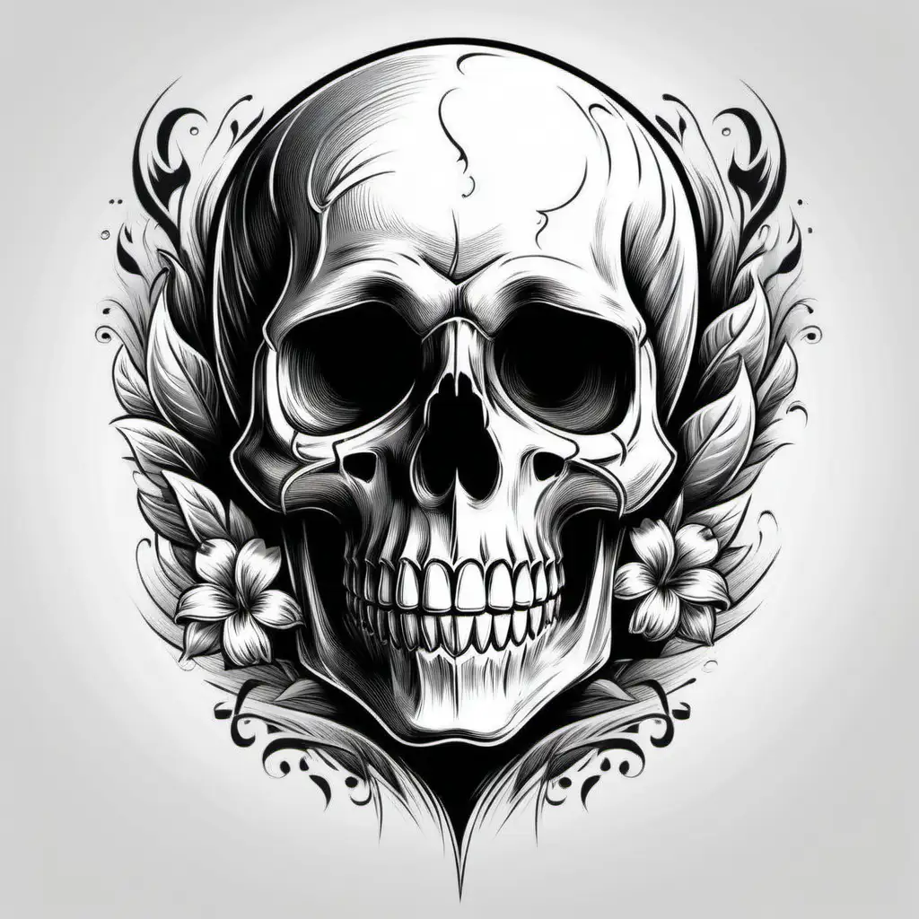 Create a creative sketch of a skull that can be used as a design element for a t-shirt with an artistic and unique touch. Provide details on the skull's features such as the eyes, nose, and mouth, and allow for freedom in depicting additional elements such as flowers, flames, or other decorative elements. Ensure that this sketch has an appealing style and can be applied effectively on various t-shirt colors