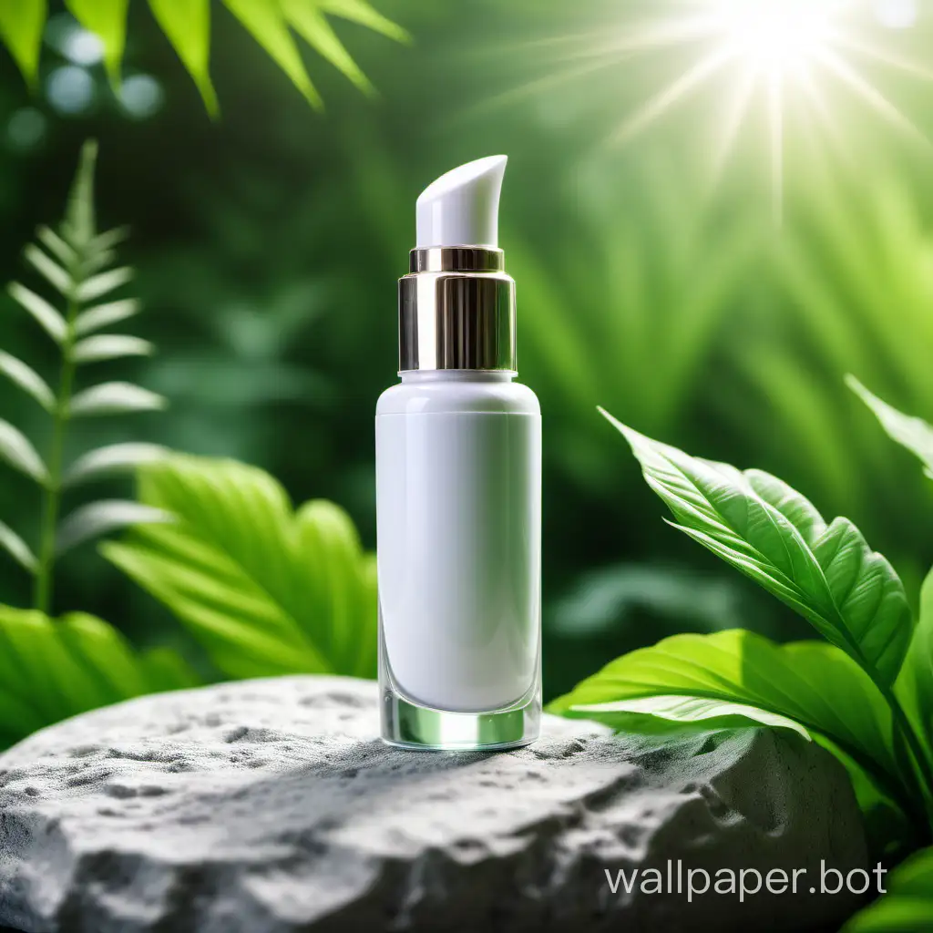 A beautiful white small makeup bottle is on a stone, surrounded by beautiful lush green plants, with the background of summer sky, sidelight, beautiful, advertising photo, product highlights, macro lens, very realistic clean image, behance, 8k