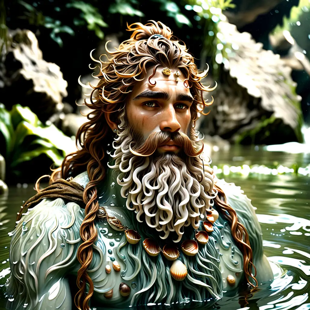 A river god. He is very hairy with brown hair. He plays in the water. He uses shells as jewelry. He looks charming and inviting. He has a huge beard