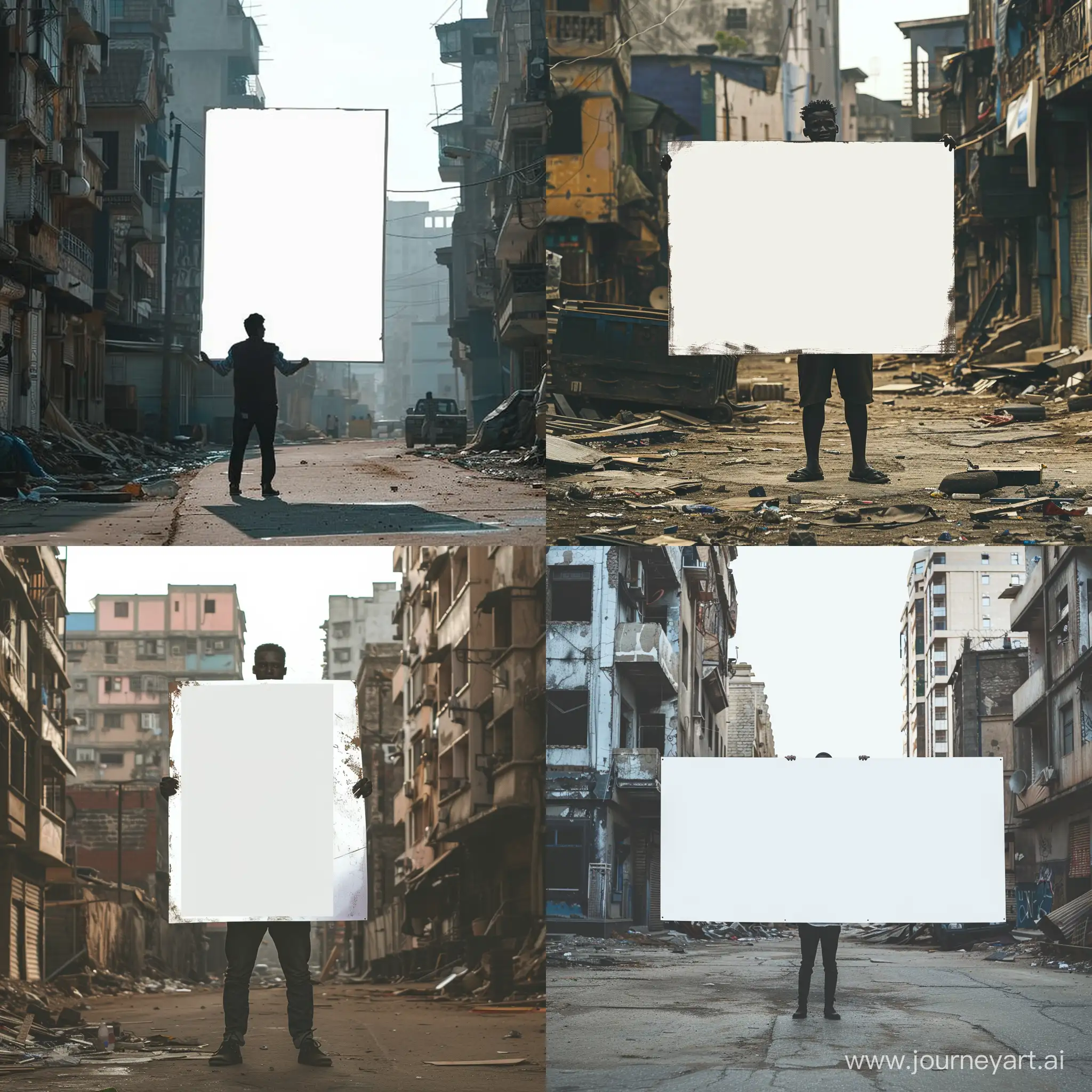 /imagine prompt: a dark-skinned guy is standing in the middle of the ghetto holding a large blank white poster, the poster takes up half the screen