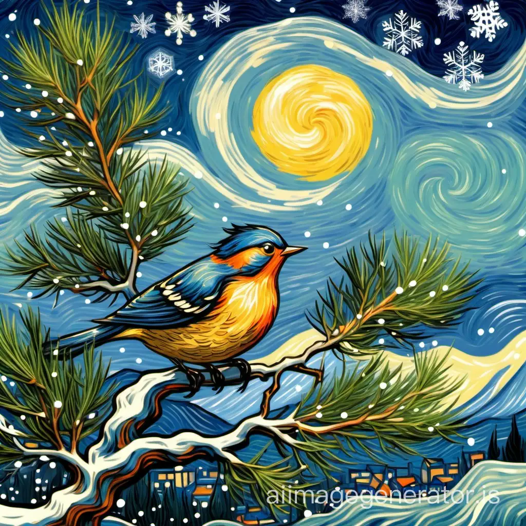 In the style of Van Gogh. A bird, which is a juniper. Spits out snowflakes. Tea breathes cold.
