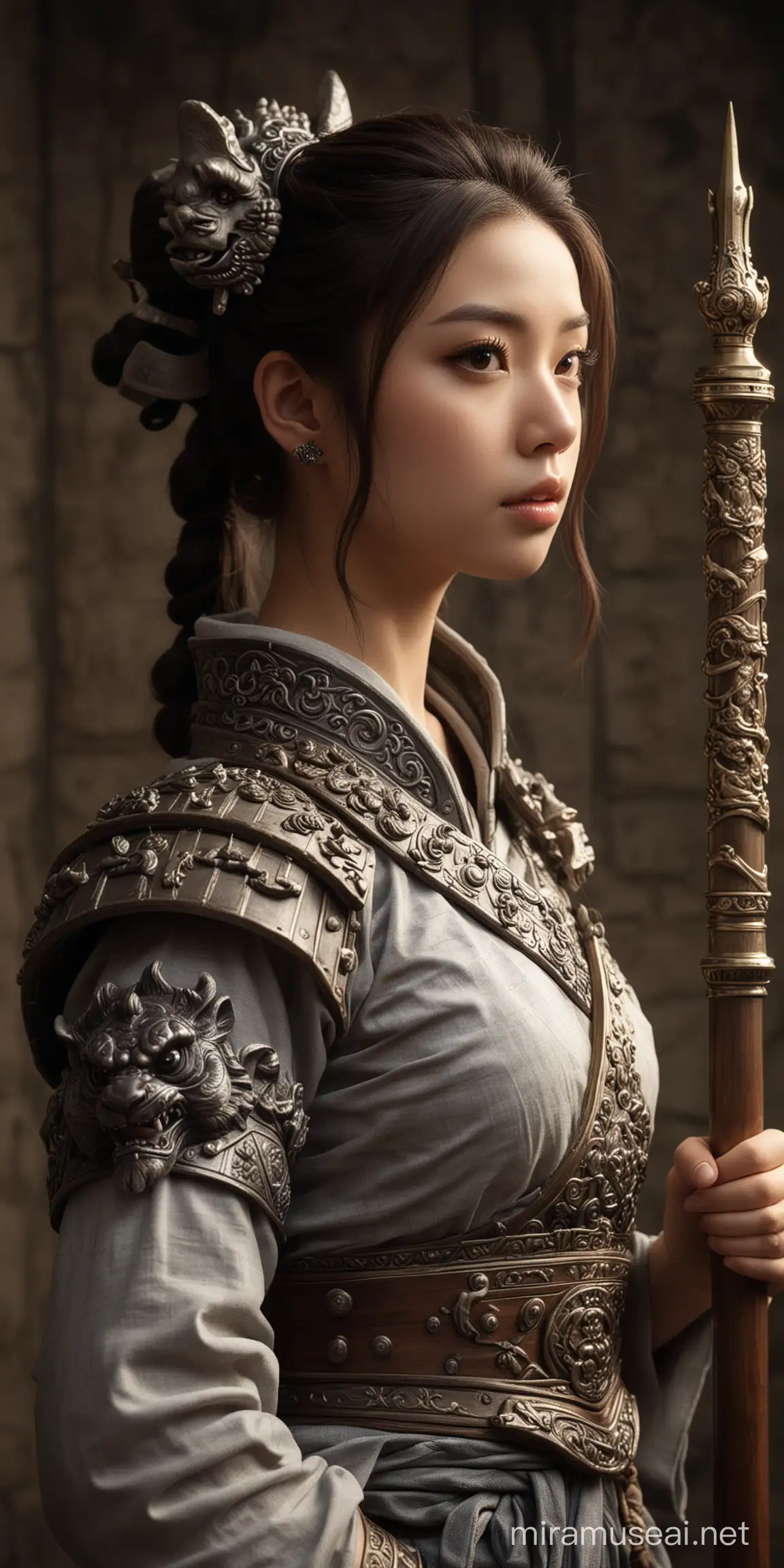 Beautiful Idol Girl with Komainu Pikeman in Realistic Castle Studio Portrait