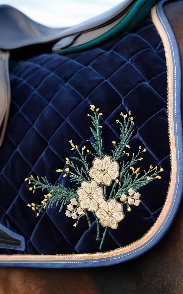 Elegant-Dark-Blue-Quilted-Saddlecloth-with-Pastel-Yellow-Flower-Embroidery