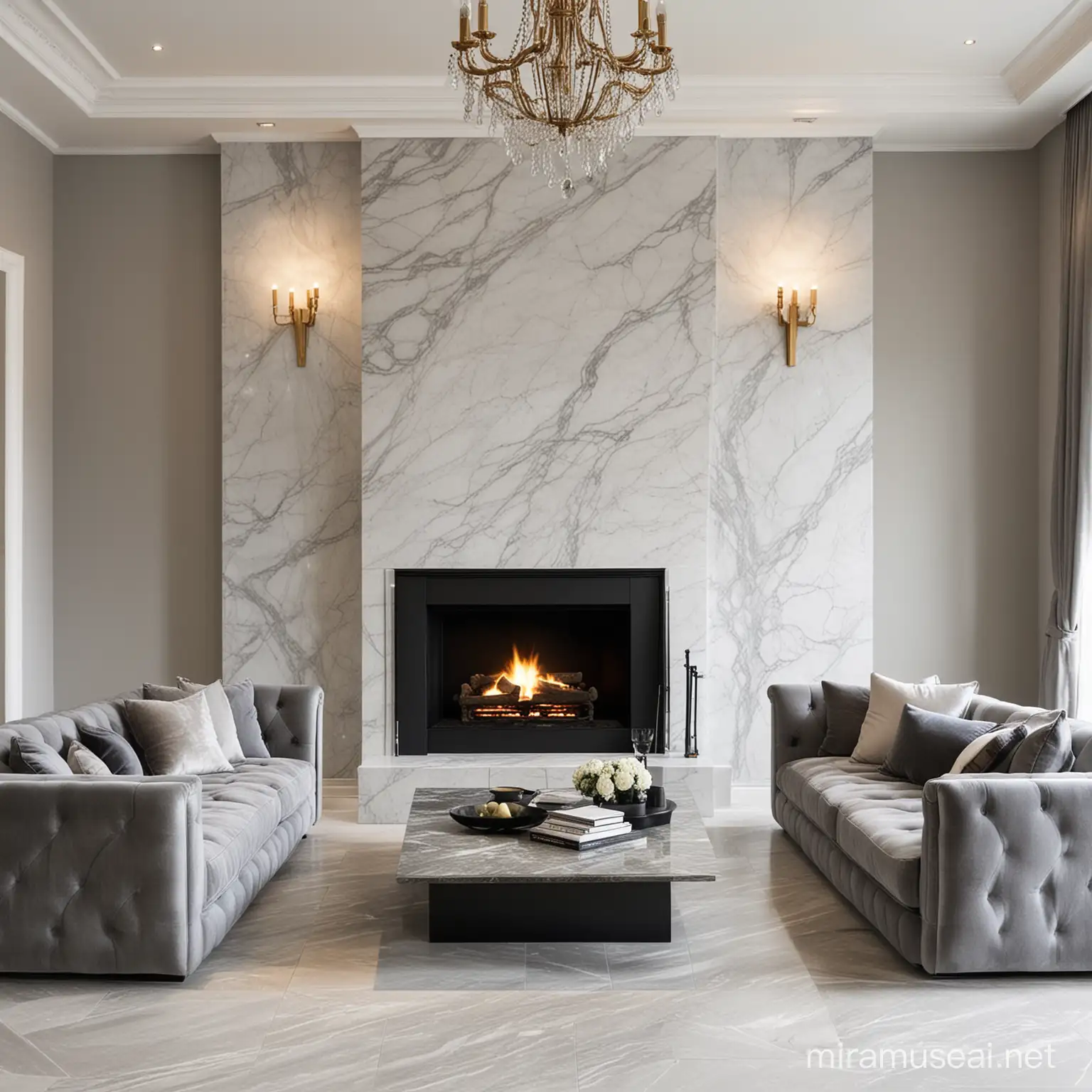 create a feature wall using a grey marble and fireplace. Make the sofa seating grand. Make it luxury and modern.