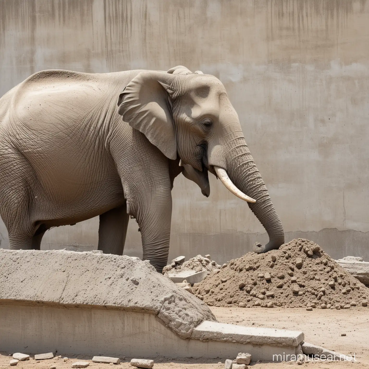 construcción civil con un elefante de perfil tirando los restos de concreto y polvo de cemento 