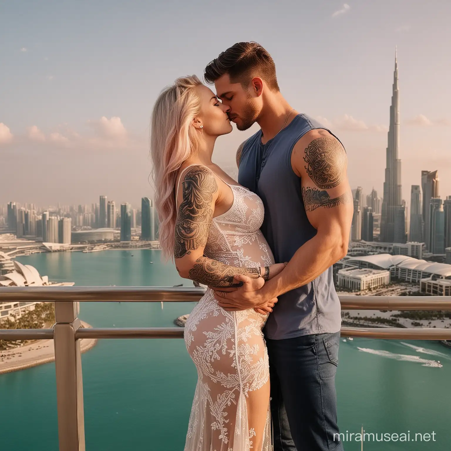 Muscular Man and Pregnant Wife Kissing at Sunrise by Mountain and Sea with Palm Trees and Dinosaur in Background