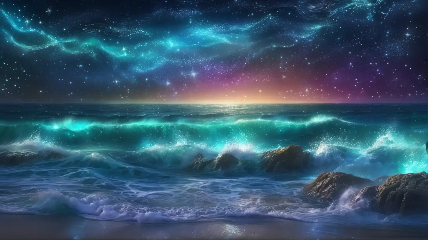 enchanted dark colorful ocean waters with glowing stars and comments crashing  into it