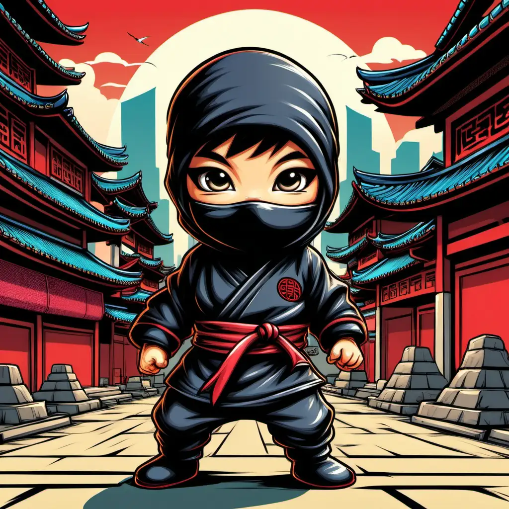 Süßer Baby Ninja in auffälligen Outfit, Hintergrund sind asiatische Gebäude, hohe Details, comic Style 