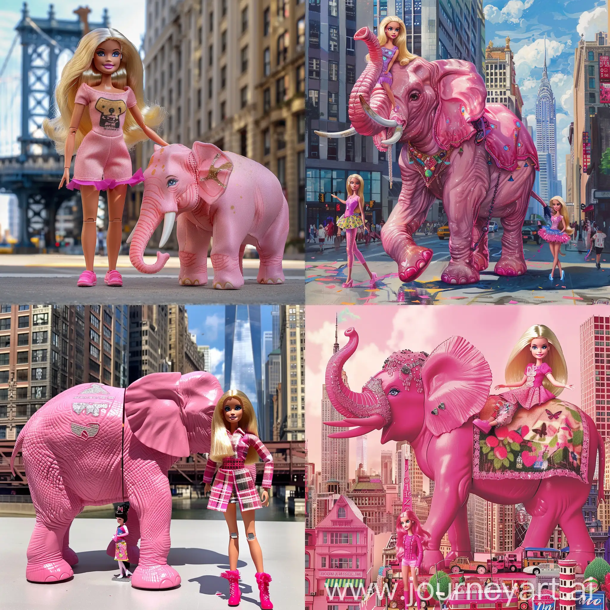 pink elephant with barbie in the city