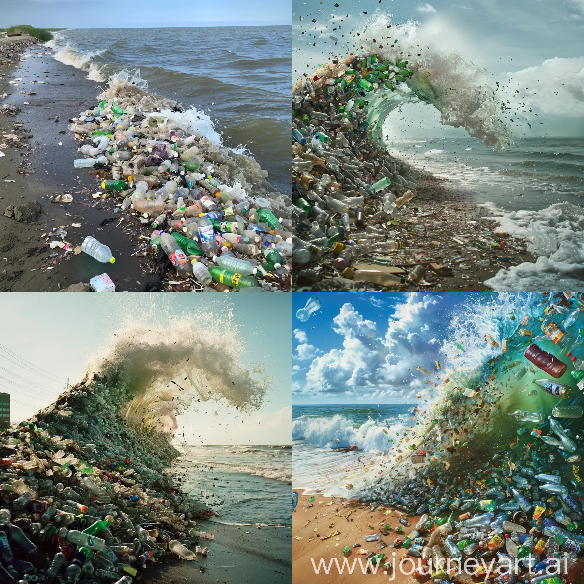  цунами мусора и пластиковых бутылок, обрушивающееся на берег.