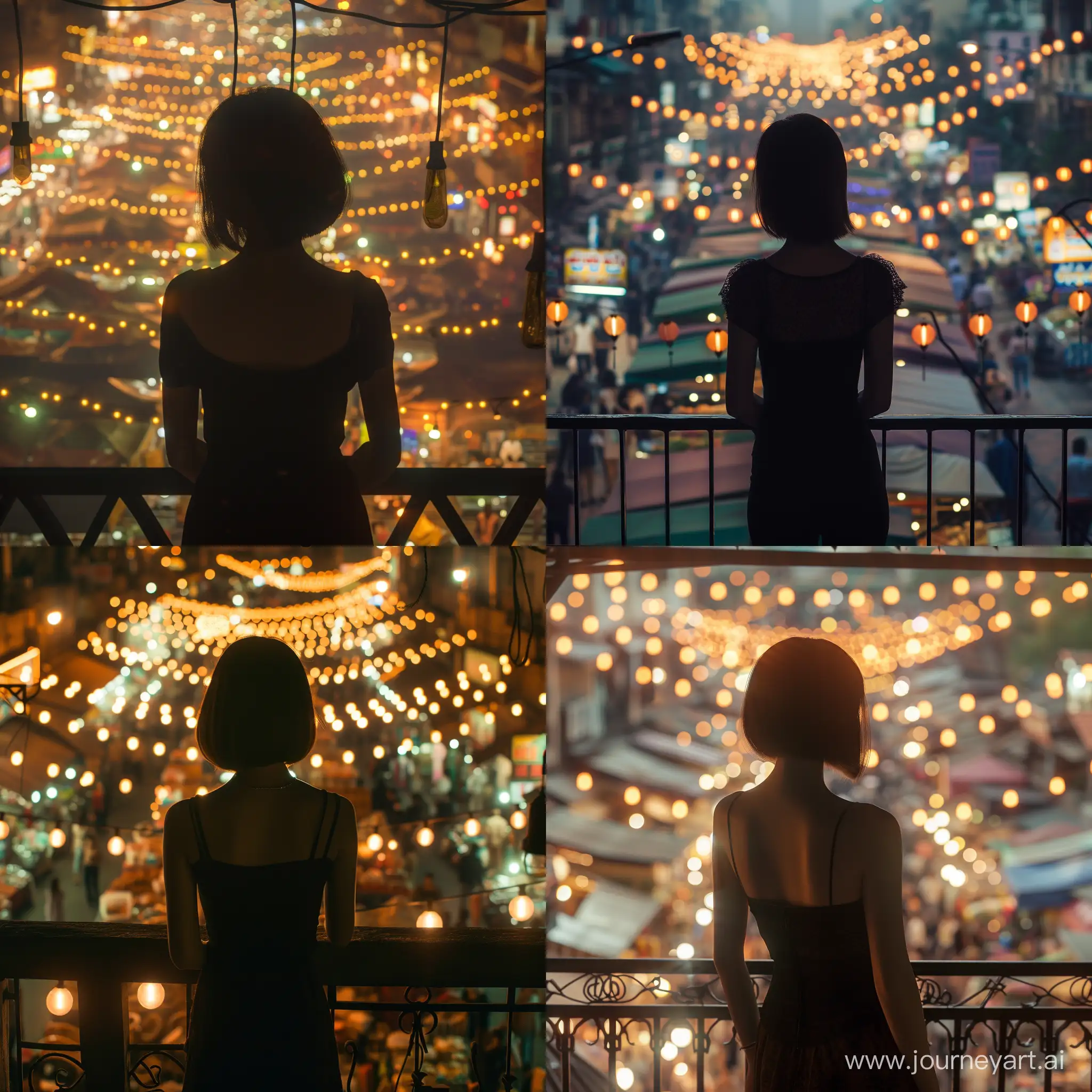 A confident woman overlooking a bustling city market from a balcony, her silhouette framed by strings of lights and the vibrant chaos below, 20-year-old woman, bob hair, slim, size 3, cinematic, hyper-realistic, RAW photo, golden ratio