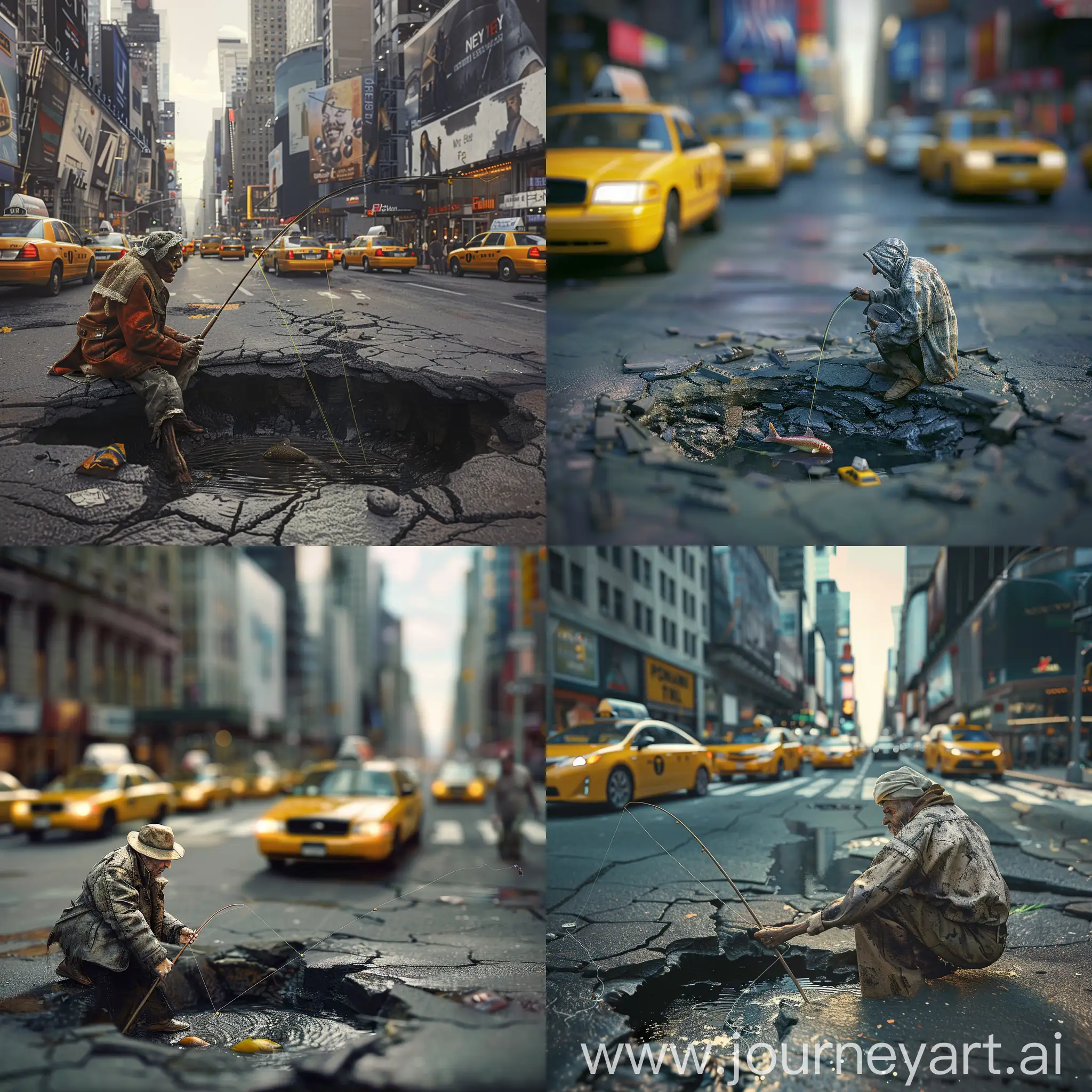 An old man with old clothes fishing in a huge pothole in the middle of the street of new york, many taxi and cars around, ultra realistic, hyper detailed. use sony a7 II camera with an 30mm lens fat F.1.2 aperture setting to blur the background and isolate the subject. use distinctive lighting on the subjects shot. The image should be shot in ultra-high resolution. --v 6
