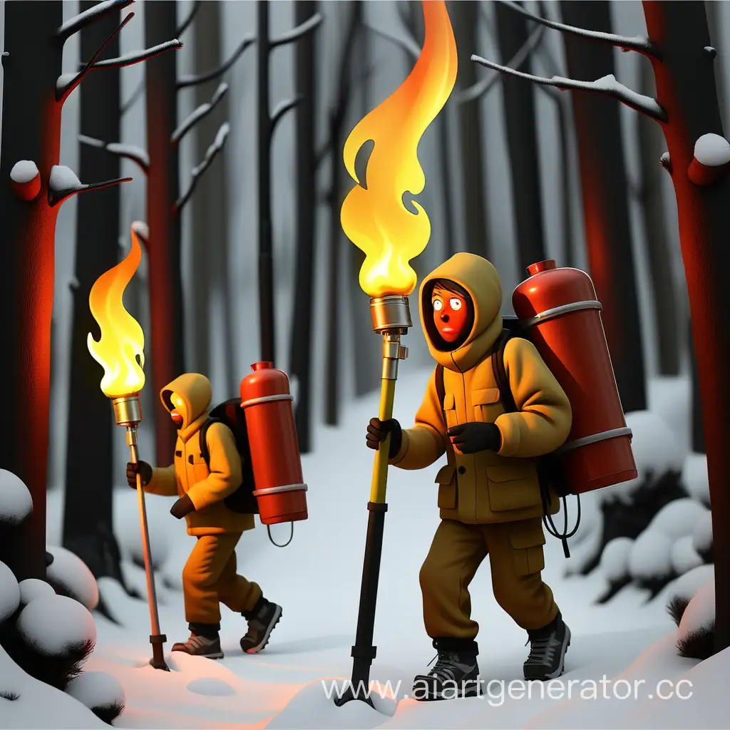 sırtlarındaki gaz çantası ve ellerindeki pürmüz düzeneği ile karları eriterek orman içinde dolaşmaya devam ederler.