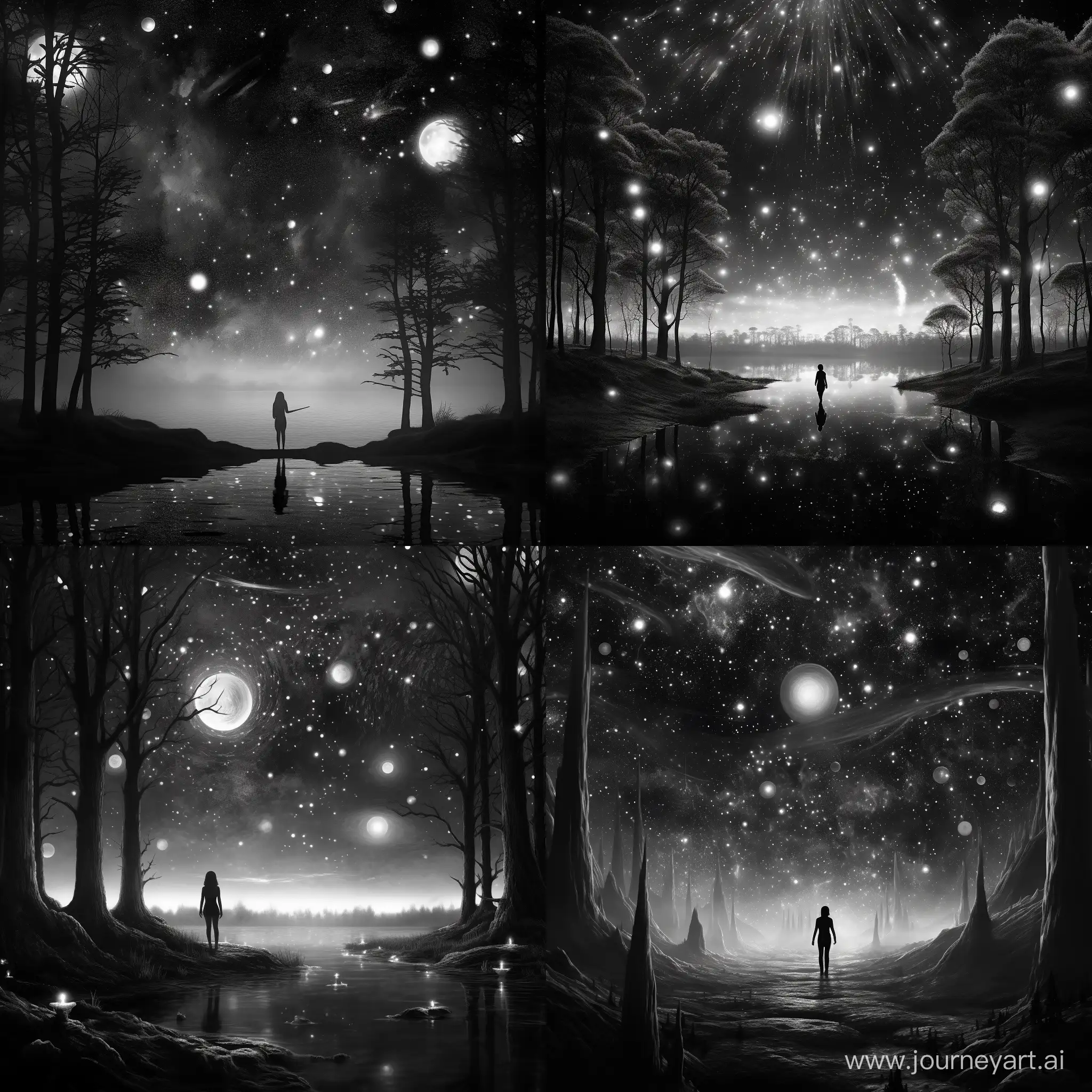 Create a magical black and white scene featuring stars, planets, and a cosmic dance of light in the night sky.