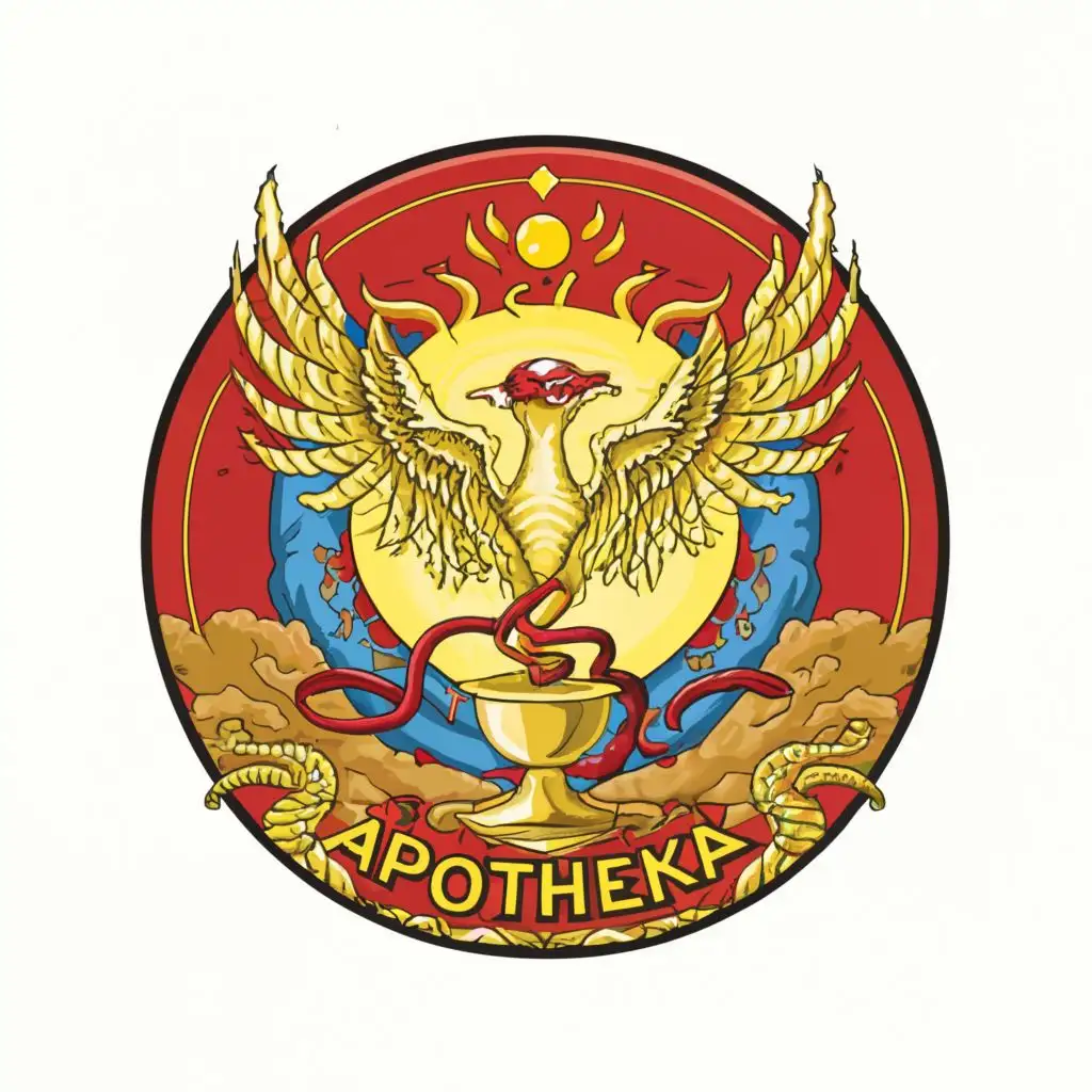 logo, mighty phoenix over Medicinal chalice with snake in front of the Sun and the moon and dont put more letters in word
snakes in red, chalice in Gold, phoenix in gold with red and yellow
, with the text "ApothekA", typography, be used in Religious industry