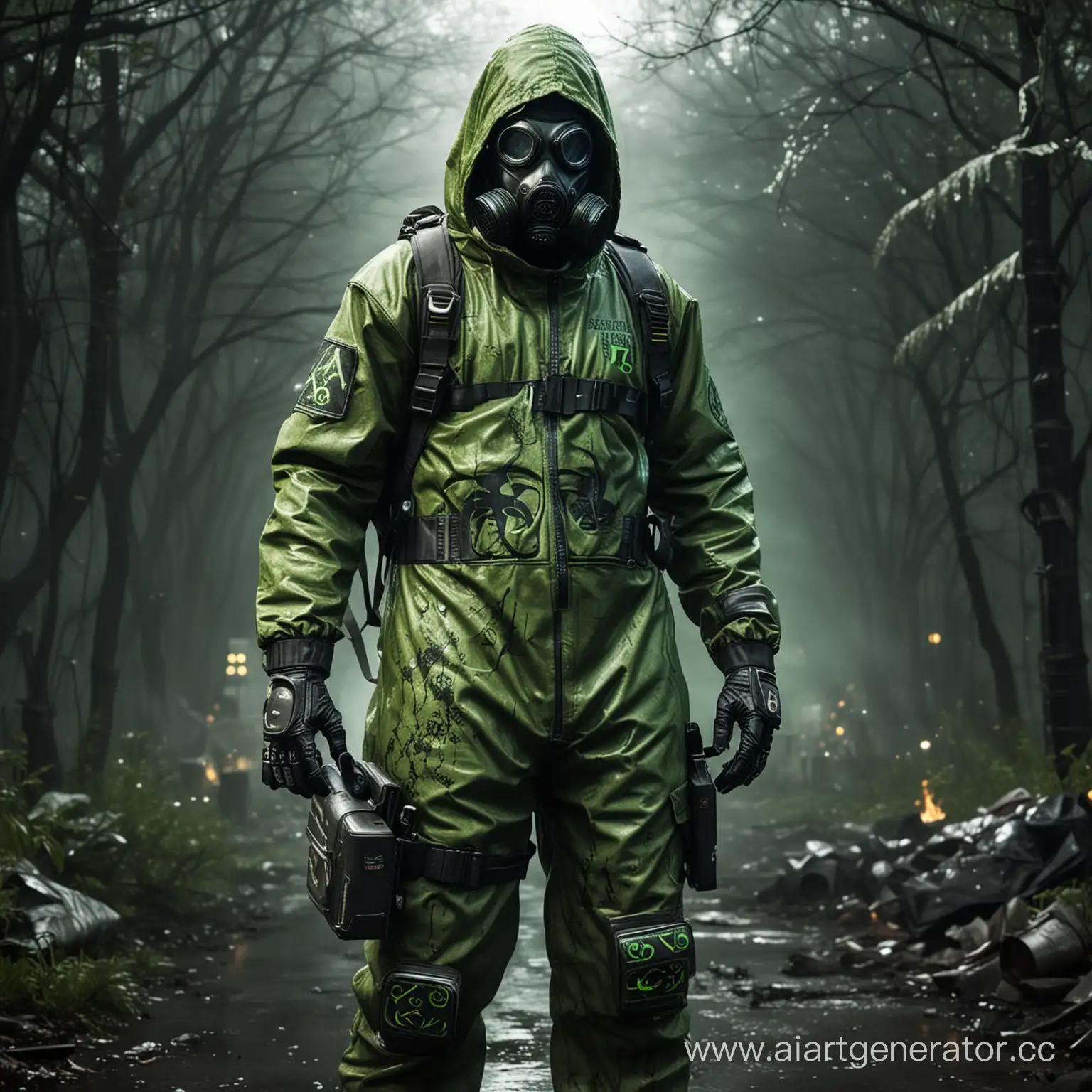 Toxic Tyrant: Produces and emits deadly toxins capable of corroding anything they touch. Costume: Hazardous waste suit adorned with biohazard symbols, emitting toxic fumes and glowing green veins. Make it cinematic 