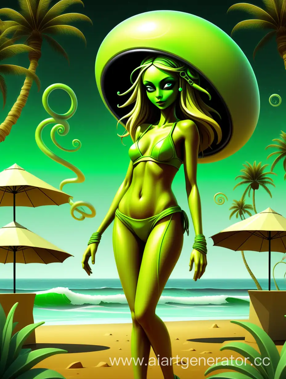 background for flyer, techno party, beach party, ocean view, girl dance, goa, green, digital art, aliens dance 