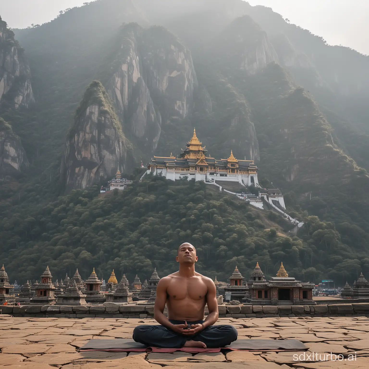 An human meditating on mountain in front of temple
