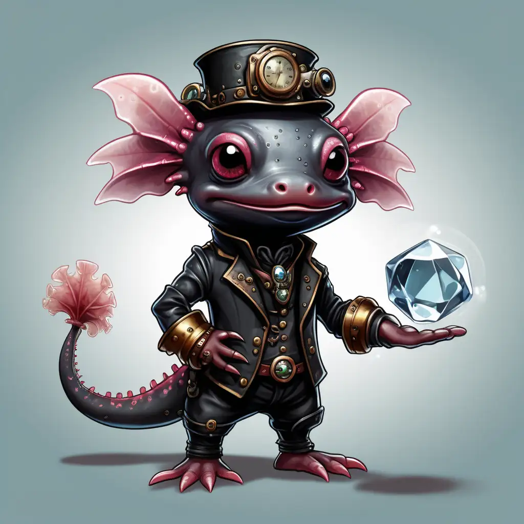 Steampunk Axolotl Board Game Character with Black Skin and Crystal