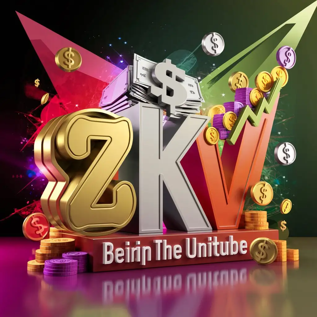 "Create a unique avatar for our YouTube channel "Behind the Universe" using letters and symbols related to money and success. We want the avatar to be colorful, memorable, and instantly convey the idea of our channel.

Use the letters 'Z', 'K', and 'V' (the first letters of the channel's name) as the main design elements. Feel free to experiment with their shape, size, and color to make them more dynamic and appealing. For instance, you can make them three-dimensional, add shadows or light effects to give them a popping, dimensional appearance.

Incorporate symbols associated with money and success, such as the dollar sign ($), percent (%), growth charts, or stylized illustrations of coins and banknotes. These symbols can be integrated into the letters or serve as a backdrop for them.

Opt for a vibrant and contrasting color palette that will grab viewers' attention. Utilize colors associated with money, like green, gold, or silver, but also incorporate bright accents such as red, purple, or orange to make the design more energetic.

The goal of the avatar is to instantly convey to viewers that our channel is about unveiling the secrets of success and financial prosperity. We aim for it to be colorful, creative, and distinctive, immediately drawing attention to our unique content."


