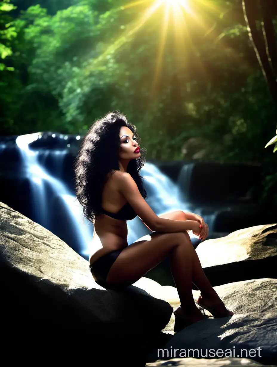 Malay woman, Curly black hair, wide and thick sexy lips. Face like Pamela anderson Wearing black bikini Sitting back pose in the stone of forest. Sun shinning, ray of light.
Sitting on a large rock against the background of a waterfall. 
Conceptual photography potrait silhoute. Rim light in the body shape, low saturation tone color.
