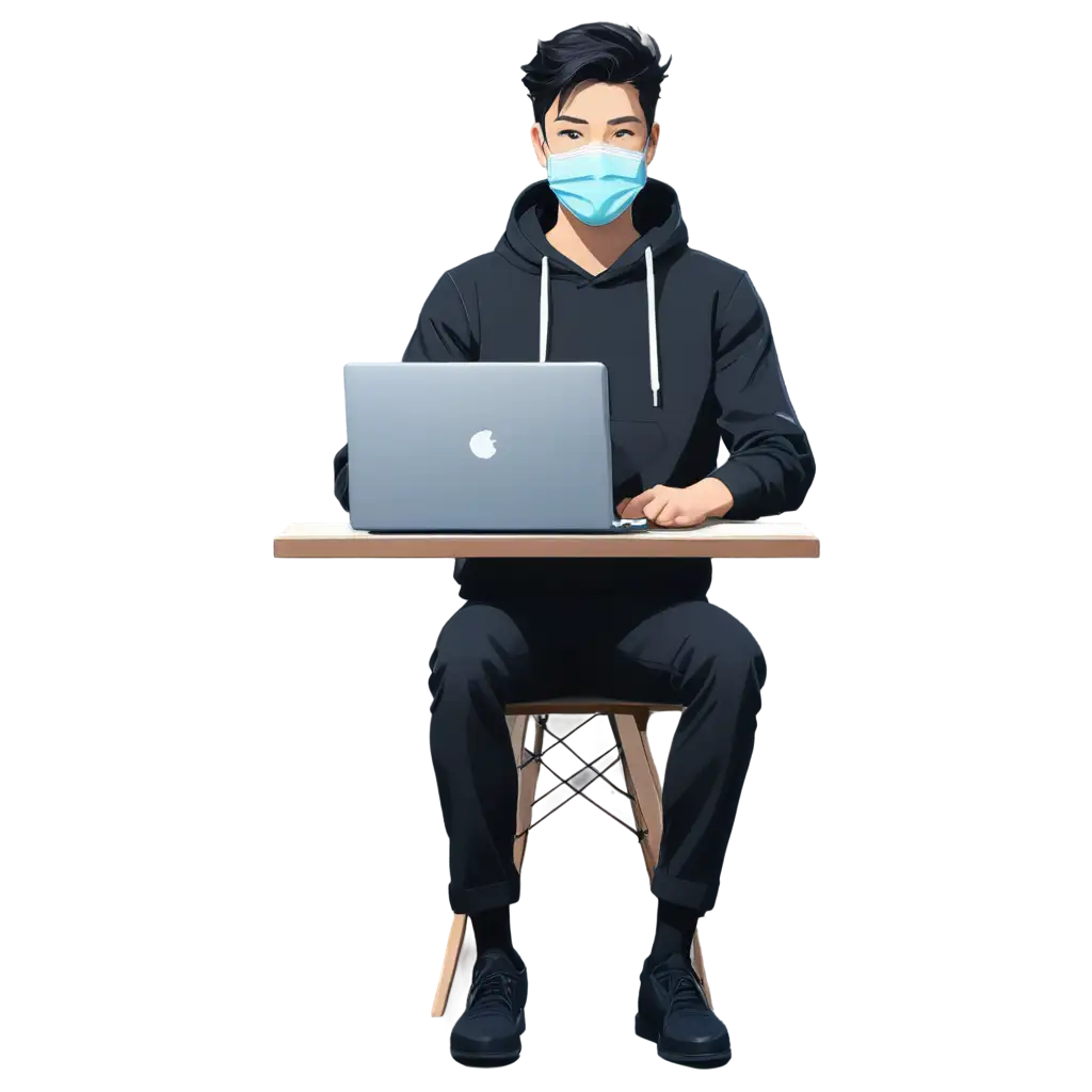 Anime-Style-Male-Business-Character-with-Face-Mask-and-Laptop-Minimalistic-PNG-Illustration