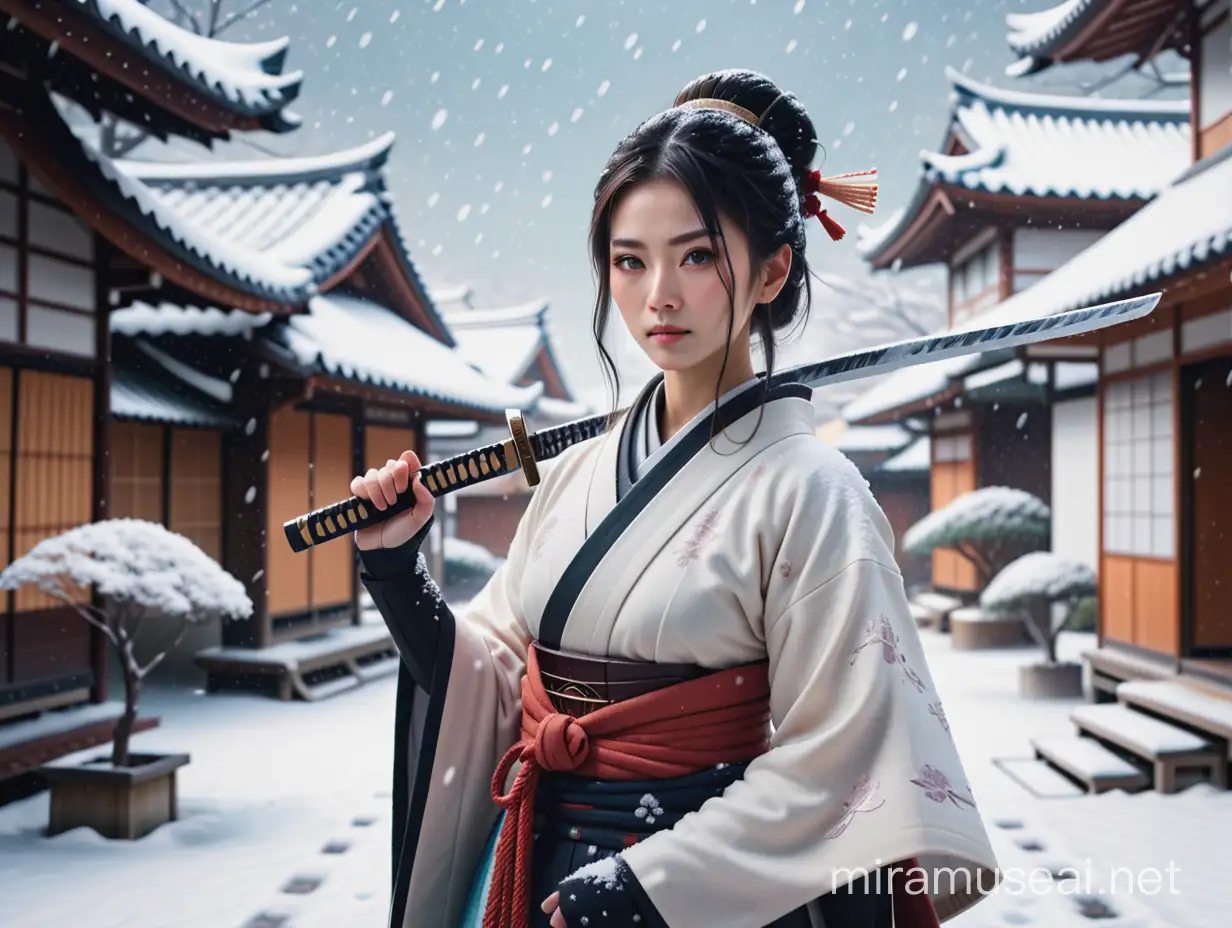 bir samuray prensesi japon bir kadın, japon jültürünü temsil eden evlerin önünde kar yağmış ve karların üzerinde elinde samuray kılıcı var, gerçekçi 4 k fitüristik bir fotoğraf, 