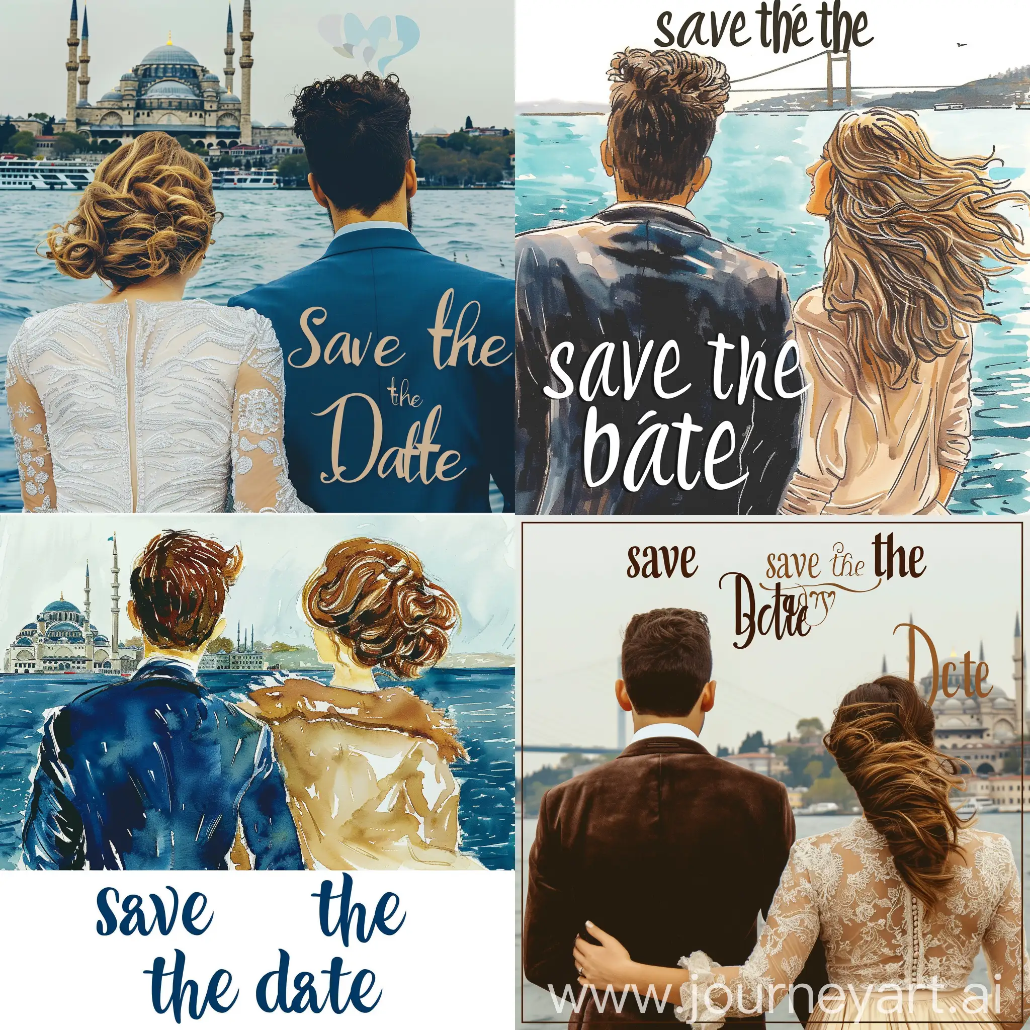 Create me an image of a man and a woman for a wedding and a “save the date” invitation that will be in the Bosphorus in istanbul turkey. Show only their backs and don’t include text
