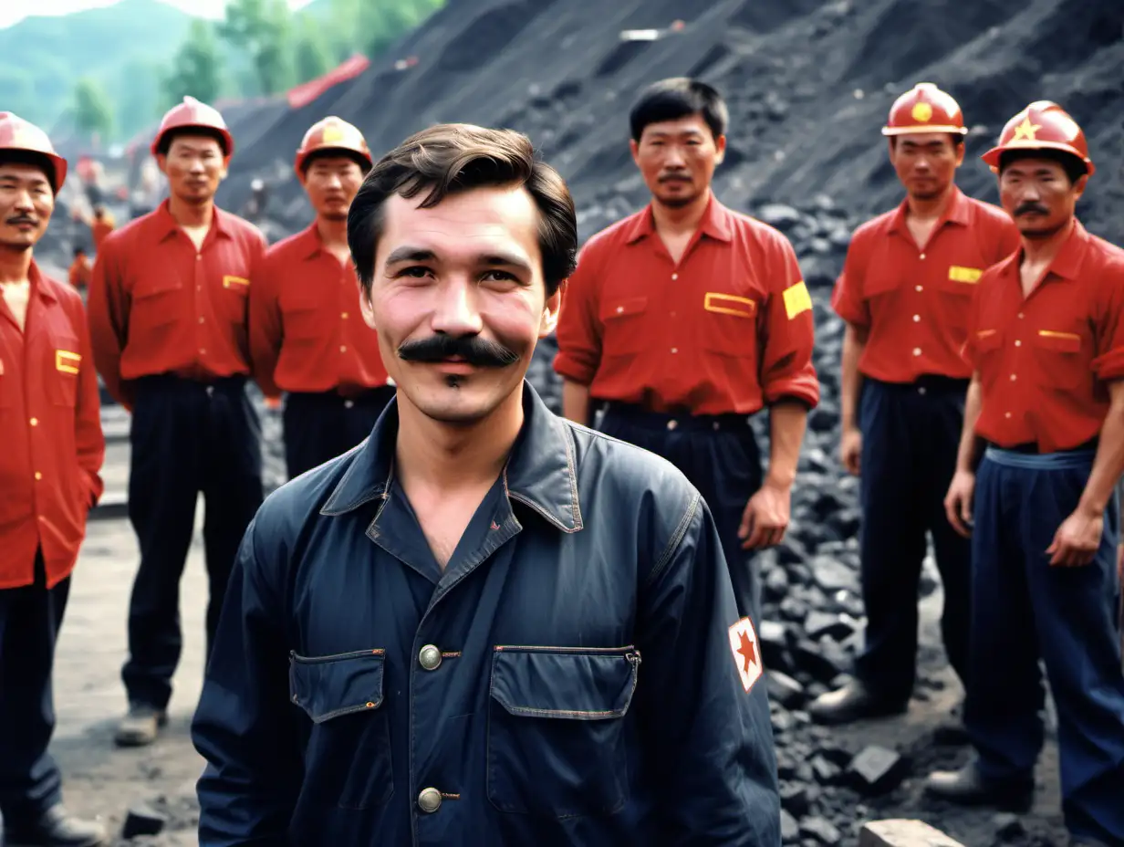 A 28 years old, european coal miner from the 80s socialist era, who wears a mustache, he looks serious. He stands next to smiling chinese miners, in modern unifroms.