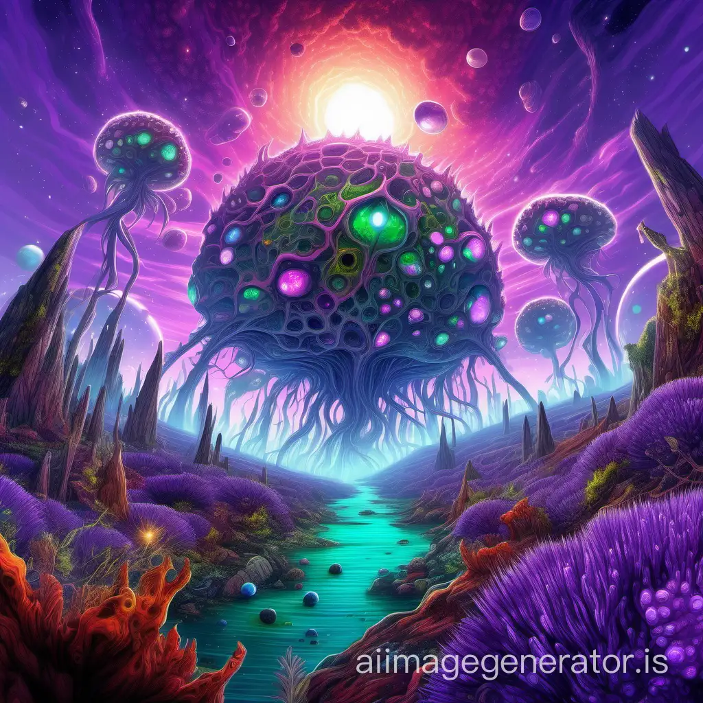 uncharted planet, verdant alien flora twisting towards a lavender sky, bizarre creatures with bioluminescent features peeking curiously from crystalline structures, colorful glowing particles, digital painting, ultra detailed, science fiction atmosphere, otherworldly landscape, vivid colors, cinematic.