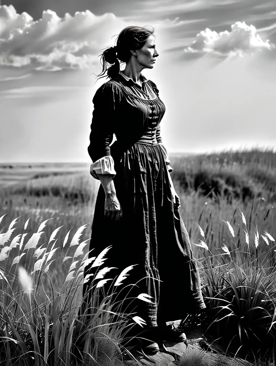 Pioneer Woman Gazing Across Vast Prairie Landscape