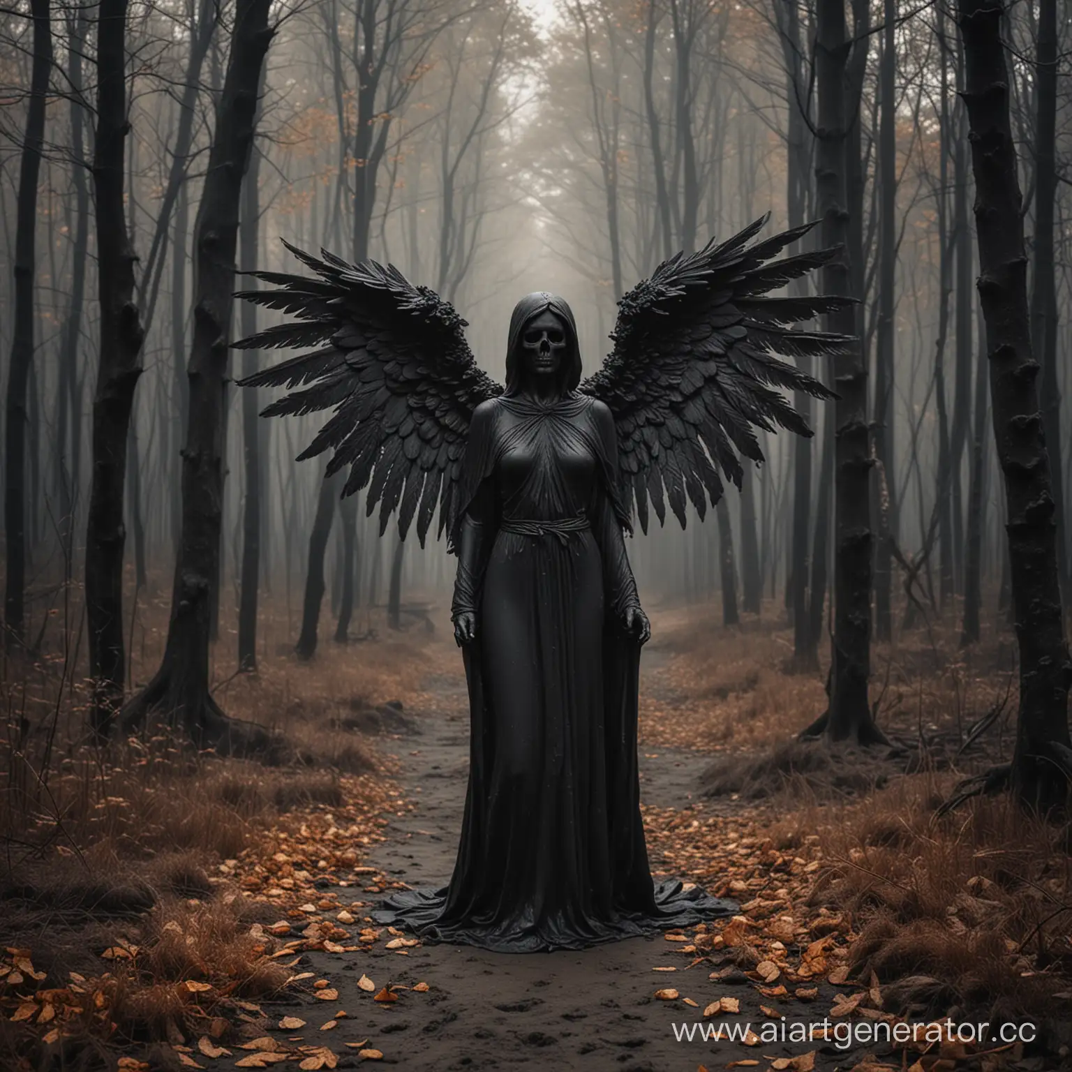 Ангел смерти без лица в черно-песочных тонах посреди осеннего тёмного леса
