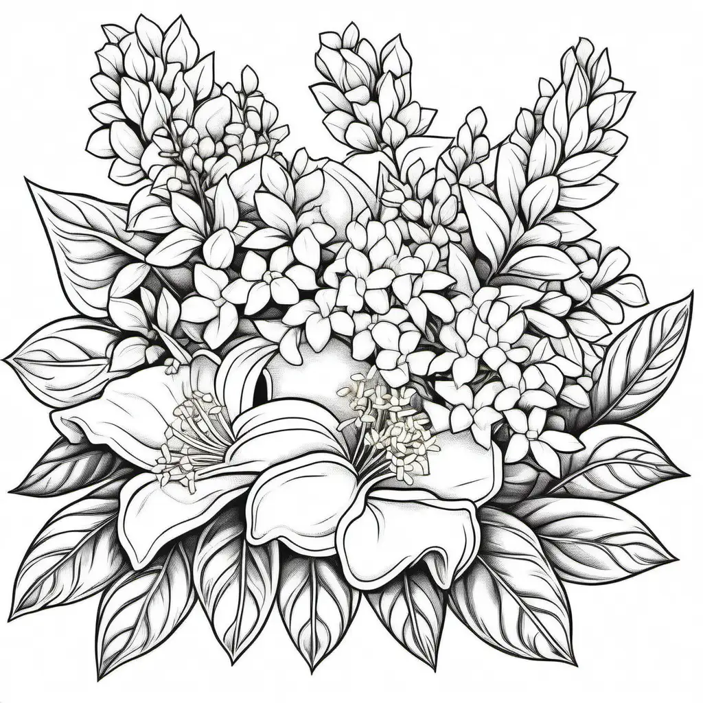 Coloring page with a top jasmine and lilac bouquet