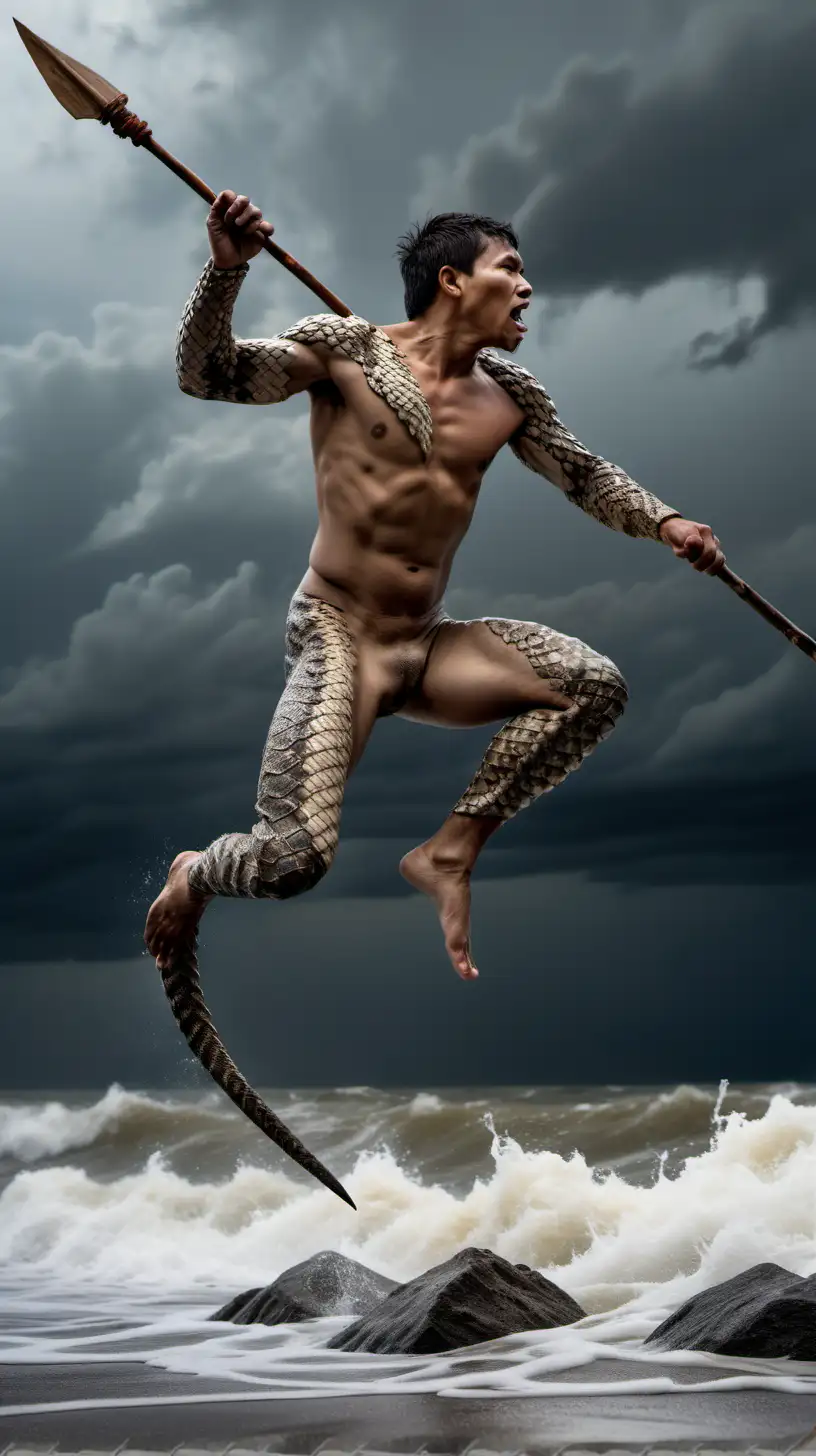 Indigenous Man Leaping with Spear in Raging Sea